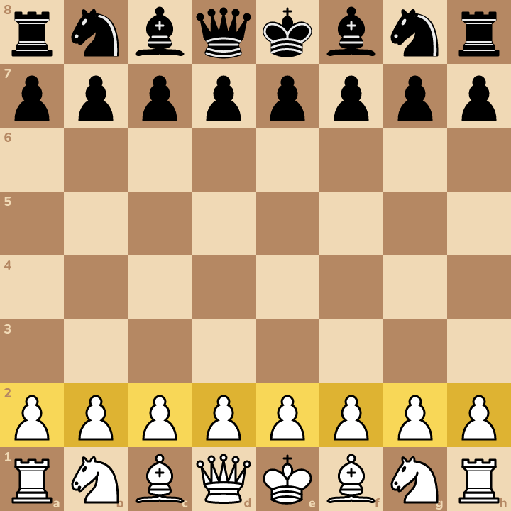 The pawns stand in a row at the front. The big pieces stand behind them.